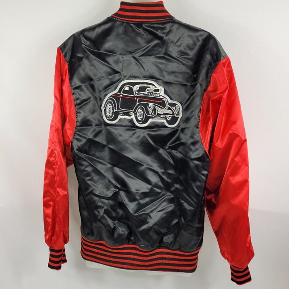 HD Vintage Hot Rod Car Satin Snap Jacket Shanter Sportswear Mens Medium - Picture 2 of 3
